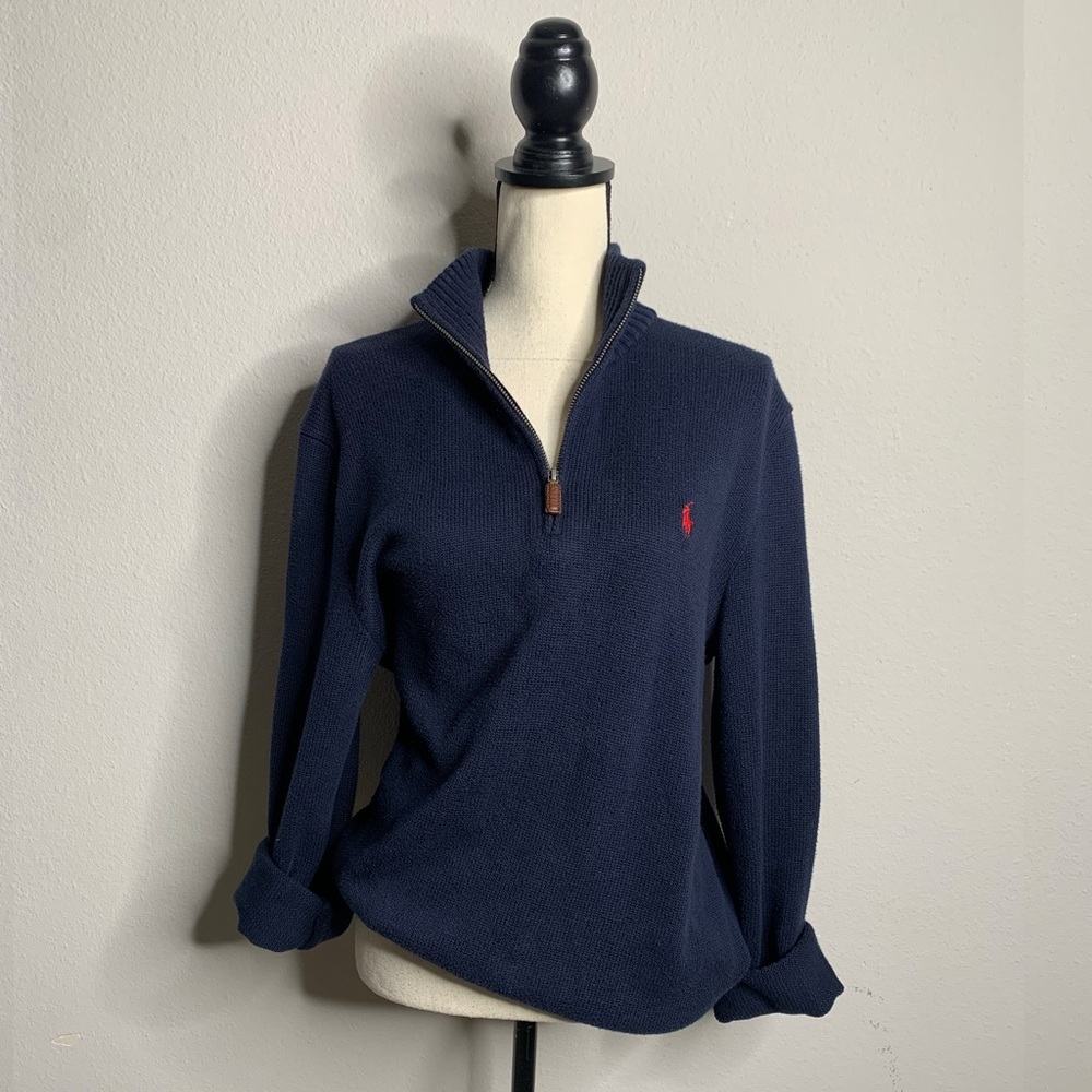 Ralph Lauren Navy Blue Preppy Oversized Quarter Zip Pullover Sweater - Picture 3 of 10